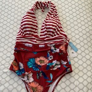 Red Stripe & Floral One-Piece Swimsuit